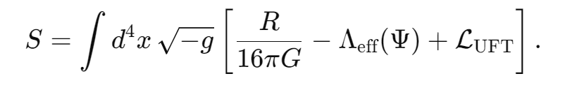 S=∫d 
4
 x 
−g

 [ 
16πG
R

 −Λ 
eff

 (Ψ)+L 
UFT

 ].